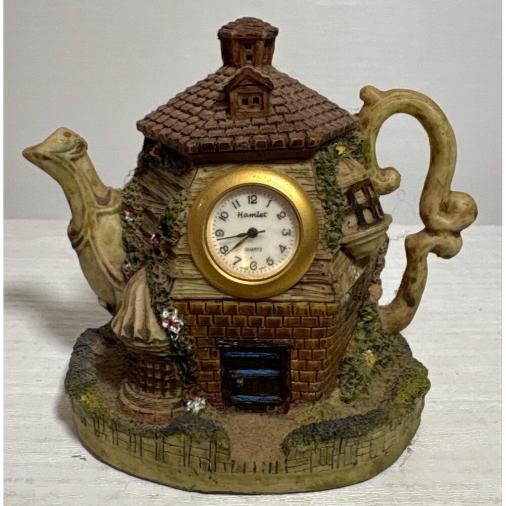 Vintage Hamlet Cottage Teapot Clock Figurine Handcrafted Resin Quartz Japan